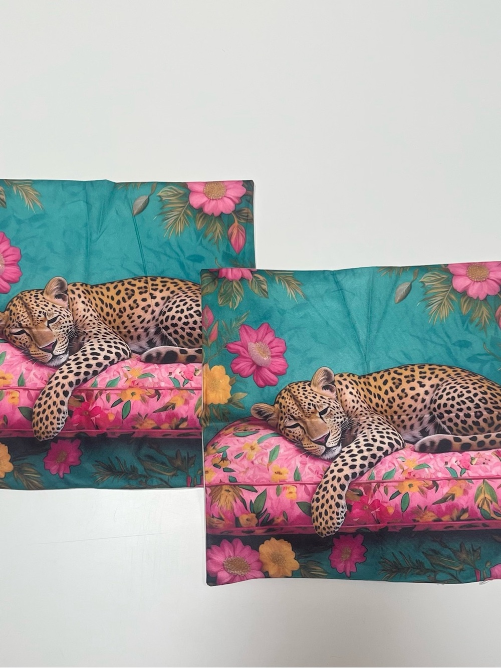 Set of 2 Leopard Floral Decorative Pillow Covers | Teal & Pink | 18” x 17”